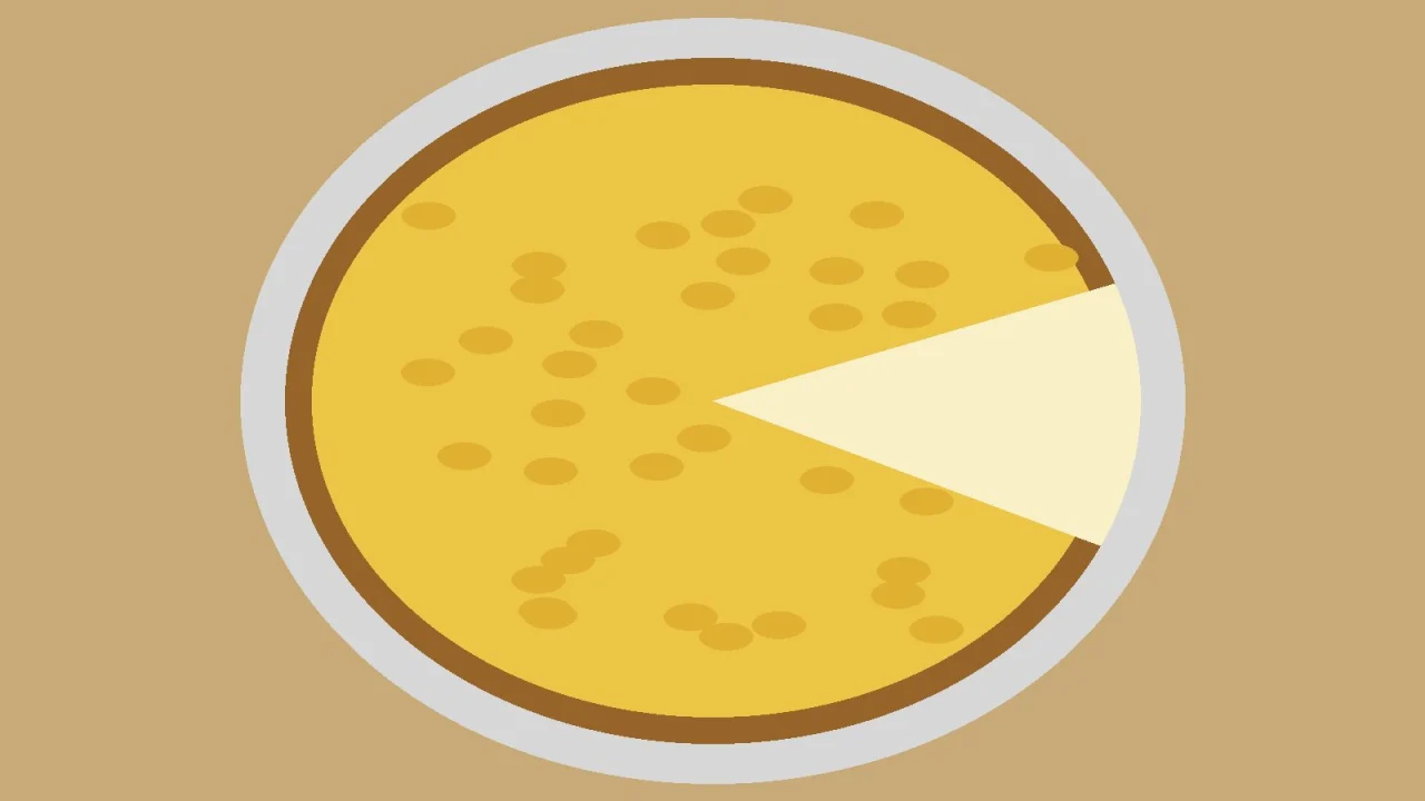 Demo illustration of a round golden omelette with a slice cut out